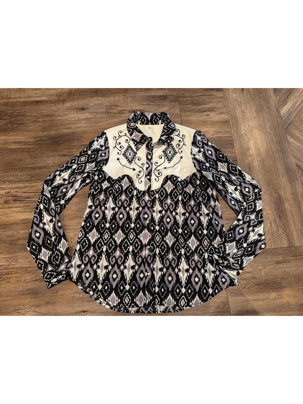 Roper Western Shirt Womens Retro Black & White Sz Lg EUC
